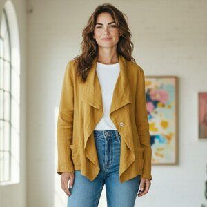 Bella Blue Size S/M Crisp Linen Top Jacket Mustard Yellow Long Sleeve Small